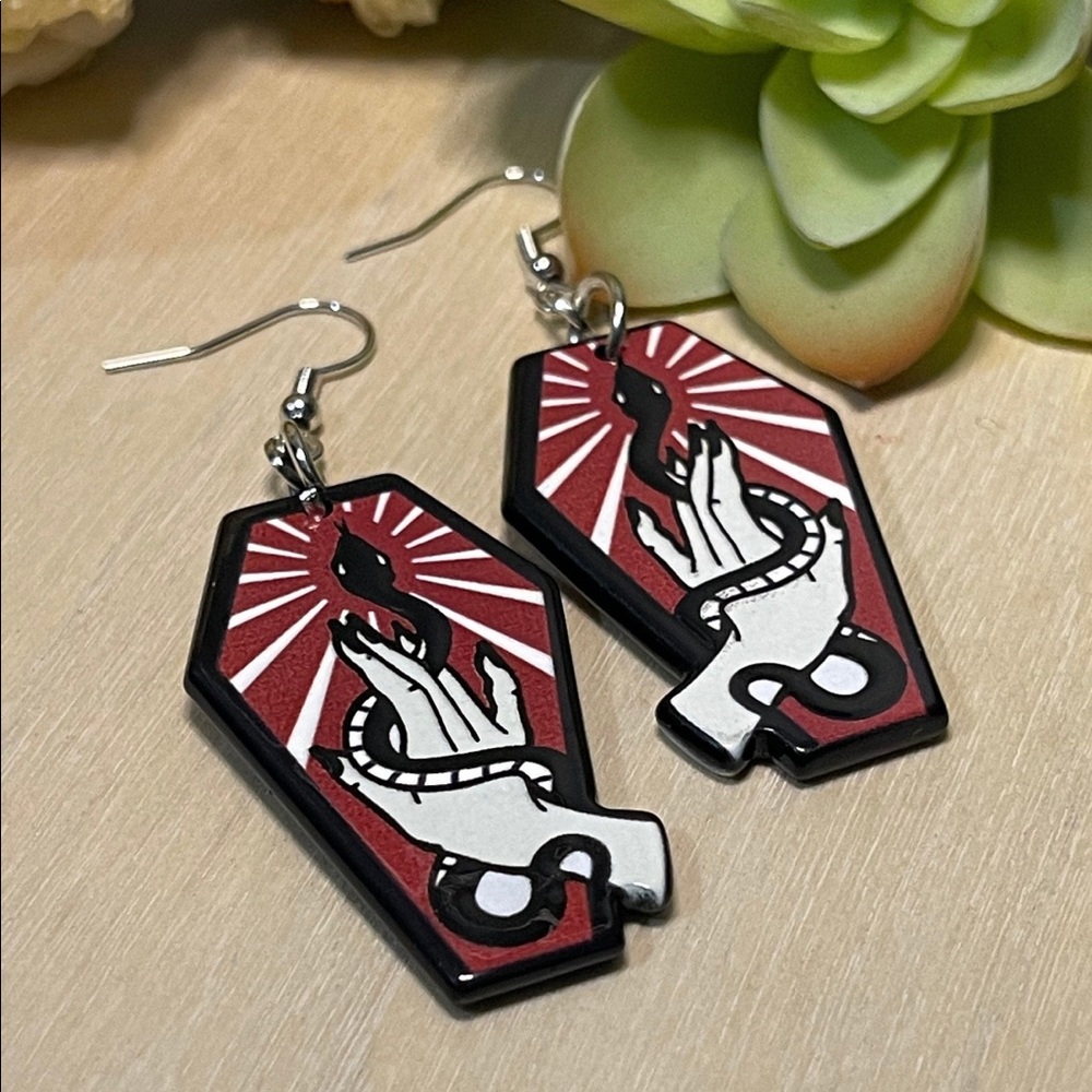 NWT Goth Boutique Coffin Serpent Snake Hand Acrylic Earrings